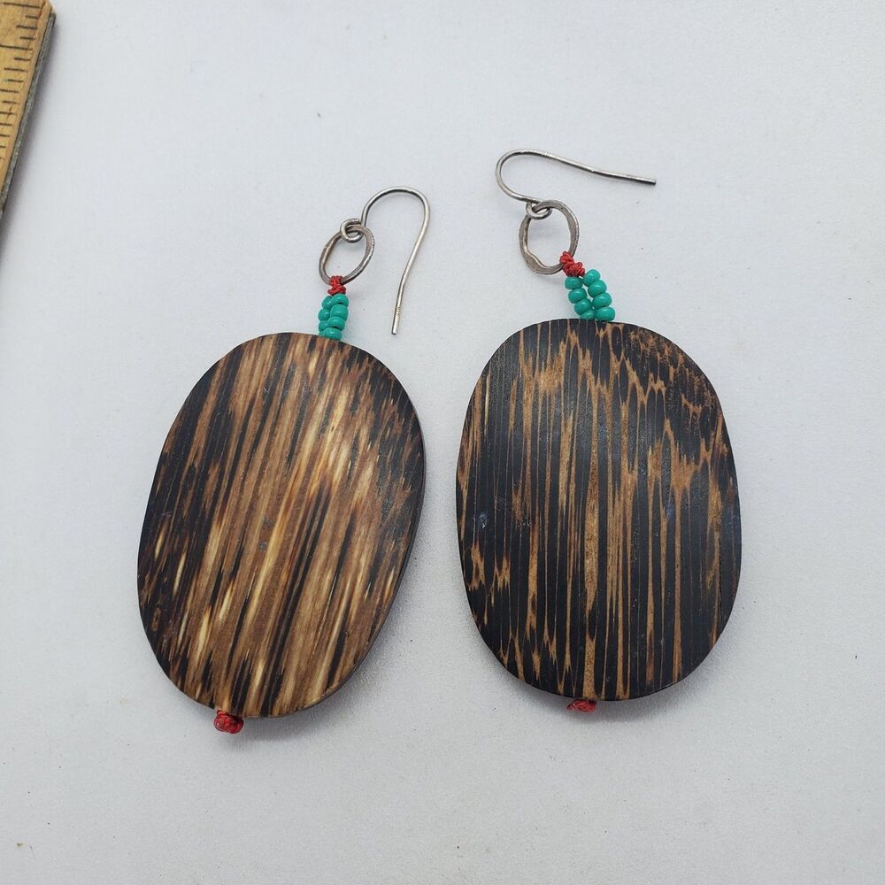 Wood and Sterling Silver Dangle Earrings 925